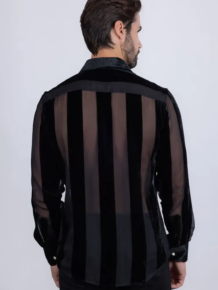 Men's See Through Velvet Long Sleeve Shirt Black