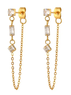 Station Chain Earring CZ Stainless Steel 14K Gold