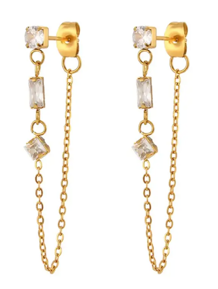 Station Chain Earring CZ Stainless Steel 14K Gold