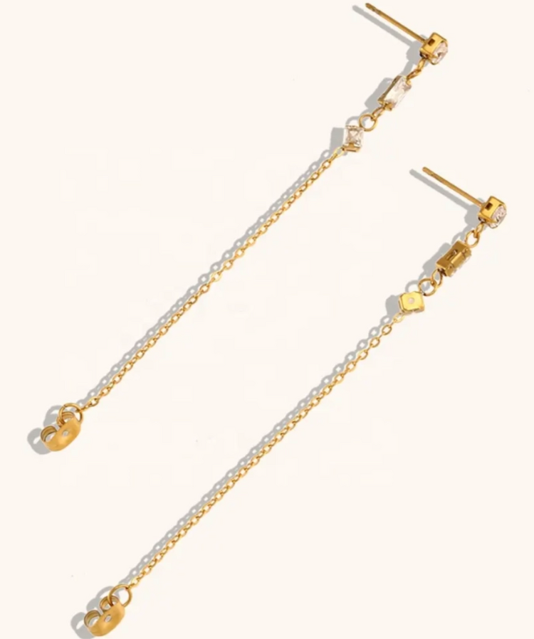 Station Chain Earring CZ Stainless Steel 14K Gold