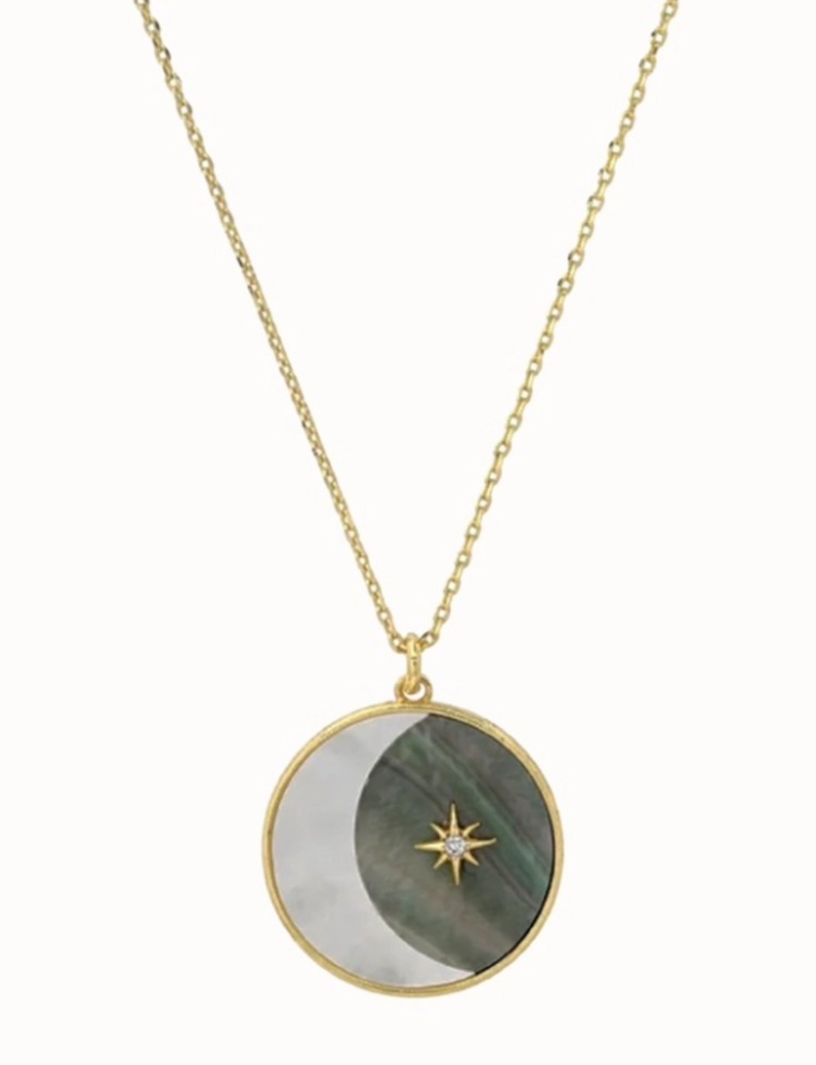 Moon Lunar Phase Medallion Necklace 14k Steel
