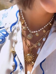 Sea & Sun Charm Necklace Faux Pearl & Gold Charms