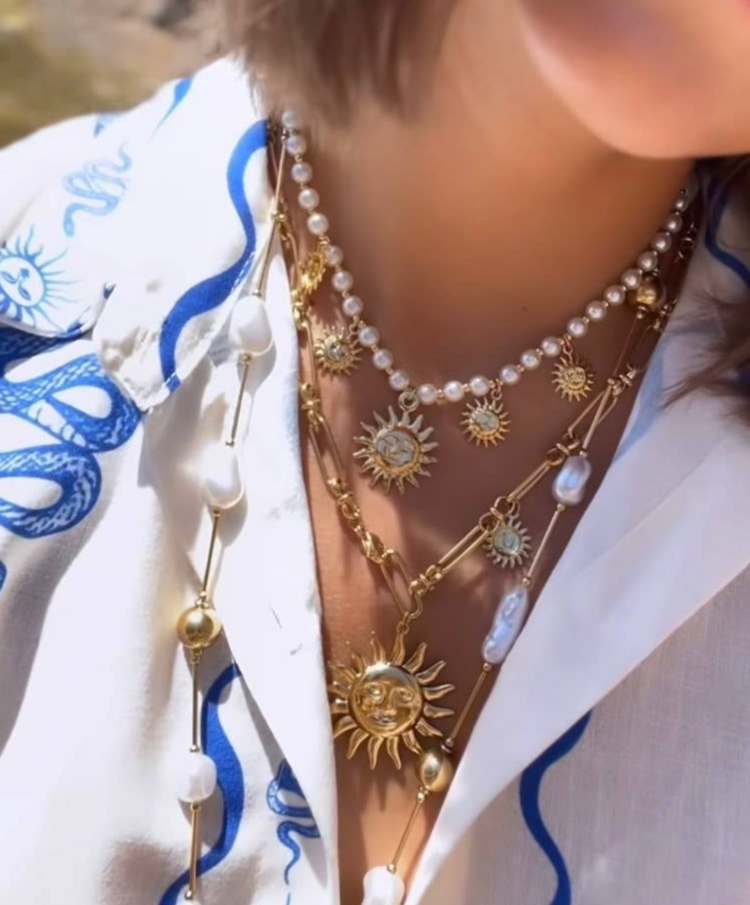 Sea & Sun Charm Necklace Faux Pearl & Gold Charms