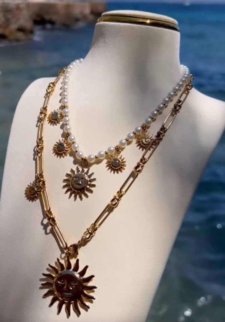 Sea & Sun Charm Necklace Faux Pearl & Gold Charms