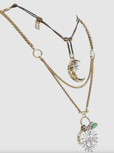 Boho Layered 2 Necklace Set Cord Chain Sun Charm Necklace