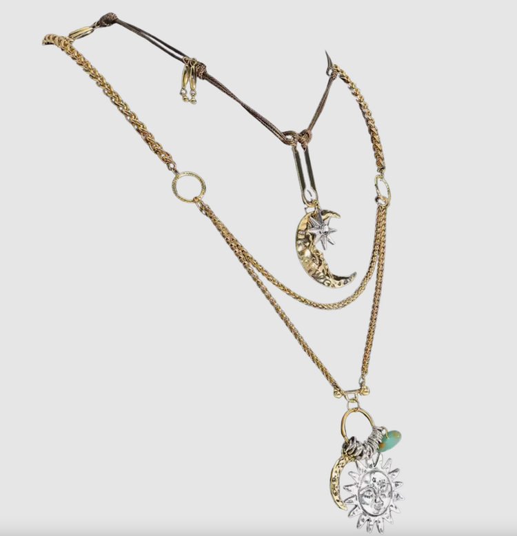 Boho Layered 2 Necklace Set Cord Chain Sun Charm Necklace