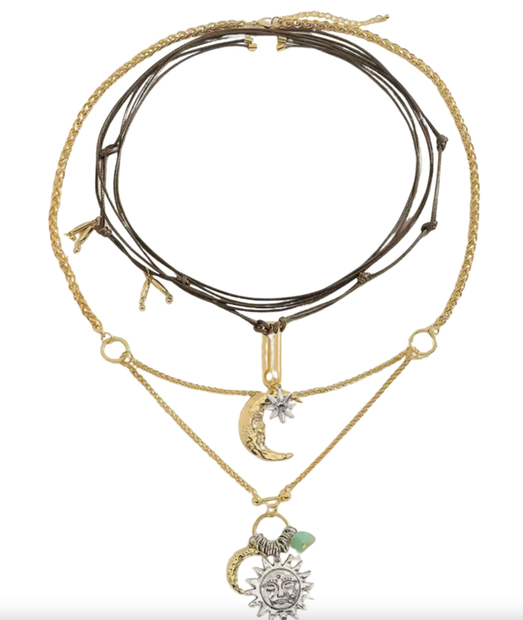 Boho Layered 2 Necklace Set Cord Chain Sun Charm Necklace