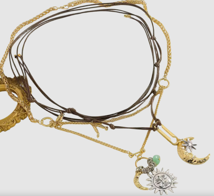 Boho Layered 2 Necklace Set Cord Chain Sun Charm Necklace