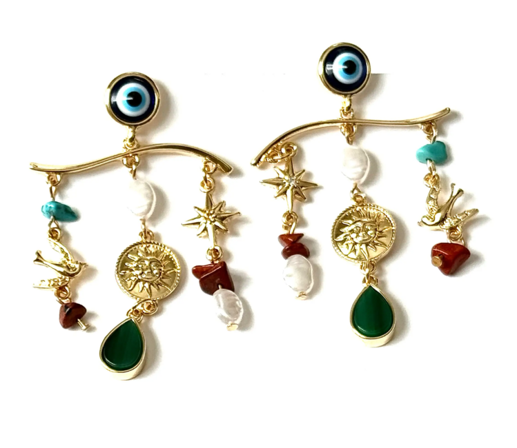 Let Your Sun Shine Evil Eye Charm Chandelier Earring 14K Gold