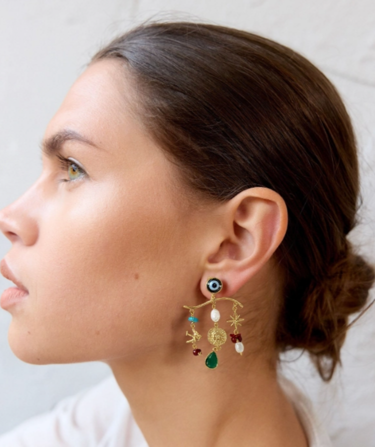 Let Your Sun Shine Evil Eye Charm Chandelier Earring 14K Gold