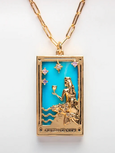 Steel 14k Gold Hand Engraved Tarot Card Necklace Queen of Cups