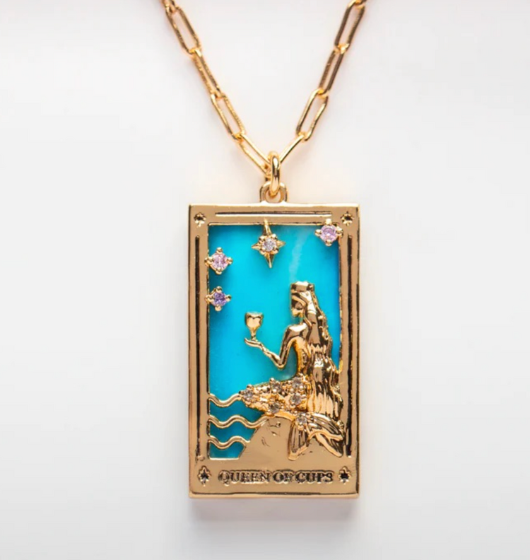 Steel 14k Gold Hand Engraved Tarot Card Necklace Queen of Cups
