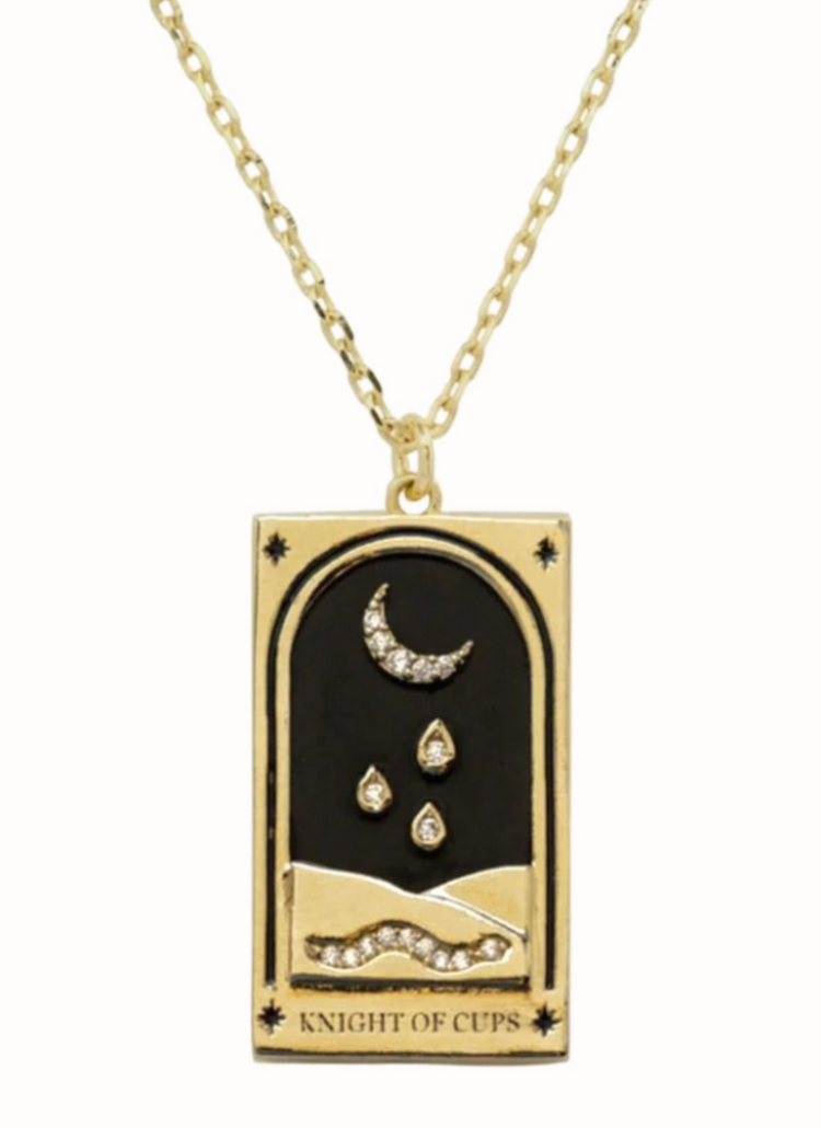 Steel 14k Gold Hand Engraved Tarot Card Necklace Knight of Cups