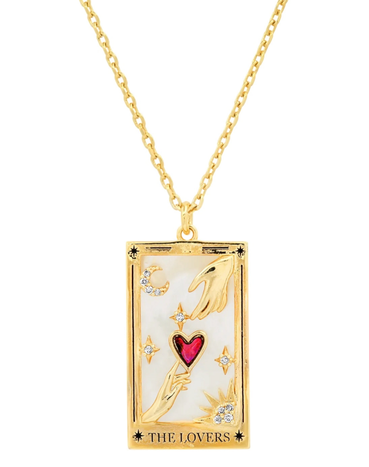Steel 14k Gold Hand Engraved Tarot Card Necklace The Lovers