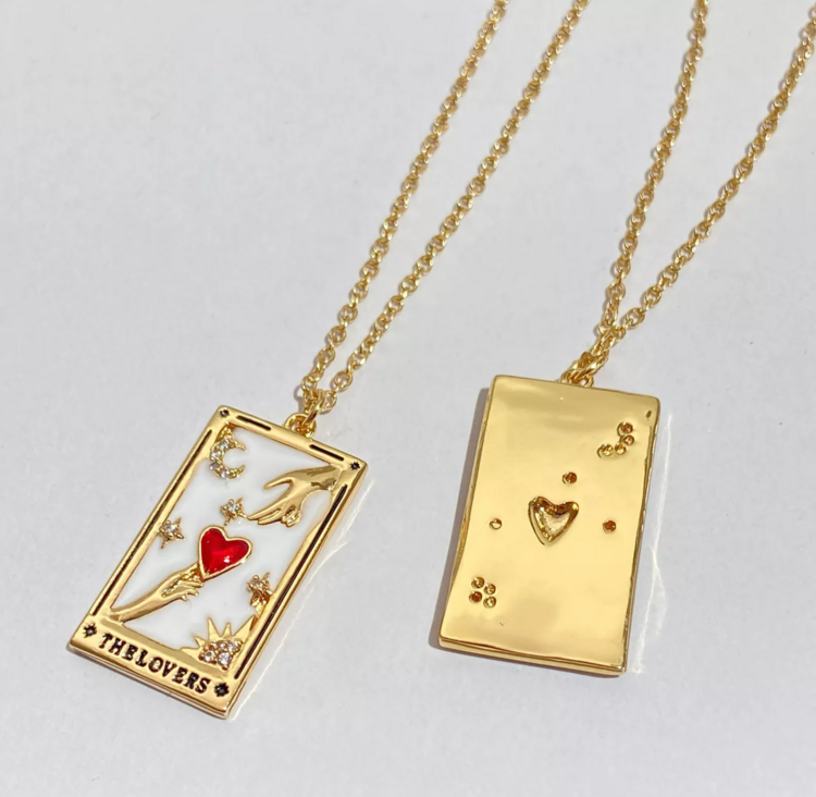 Steel 14k Gold Hand Engraved Tarot Card Necklace The Lovers