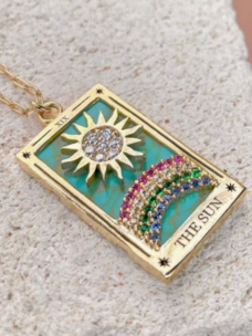 Steel 14k Gold Hand Engraved Tarot Card Necklace The Sun