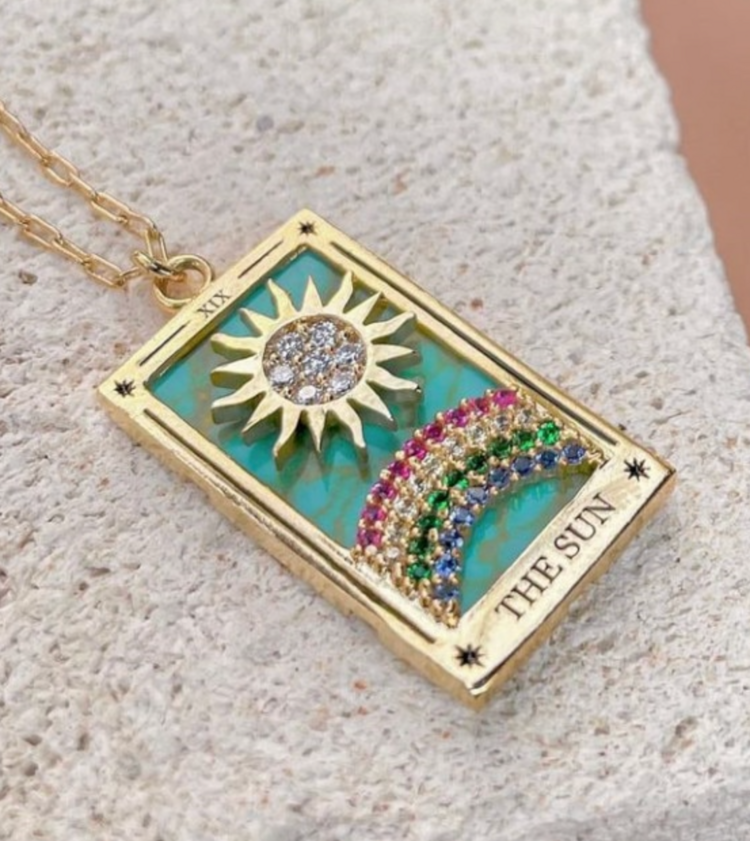 Steel 14k Gold Hand Engraved Tarot Card Necklace The Sun