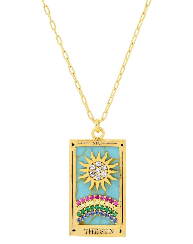Steel 14k Gold Hand Engraved Tarot Card Necklace The Sun
