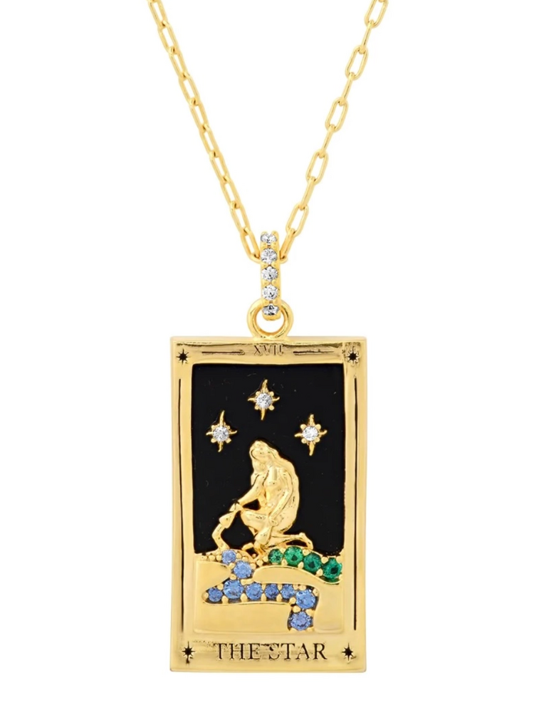 Steel 14k Gold Hand Engraved Tarot Card Necklace The Star