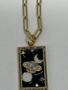 Steel 14k Gold Hand Engraved Tarot Card Necklace The World