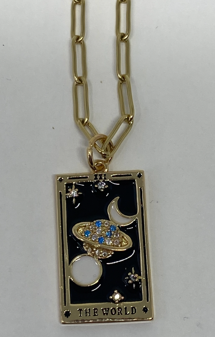 Steel 14k Gold Hand Engraved Tarot Card Necklace The World