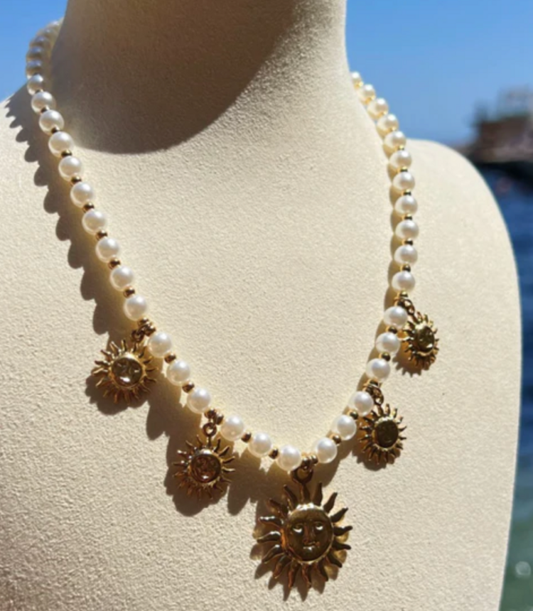 Sea & Sun Charm Necklace Faux Pearl & Gold Charms