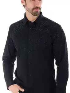 Men's Rhinestone Jewel Long Sleeve Shirt Black/Black