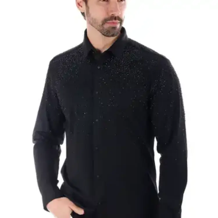 Men's Rhinestone Jewel Long Sleeve Shirt Black/Black