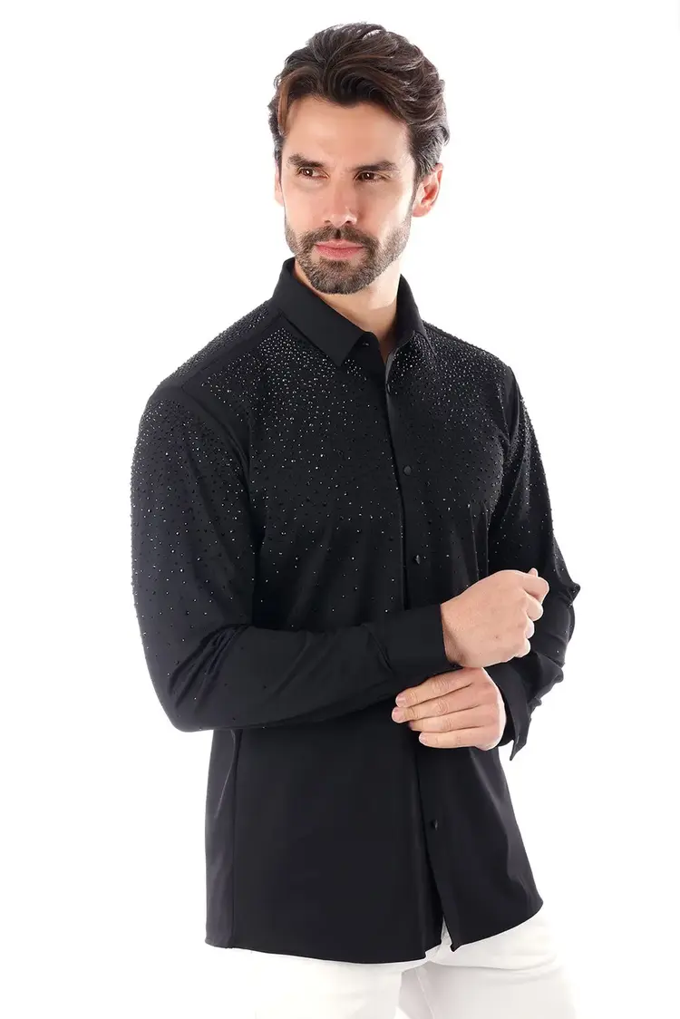 Men's Rhinestone Jewel Long Sleeve Shirt Black/Black