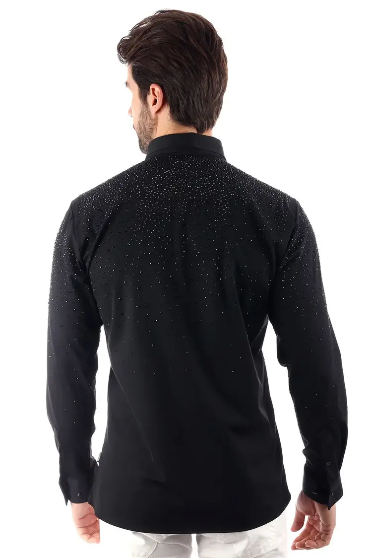 Men's Rhinestone Jewel Long Sleeve Shirt Black/Black