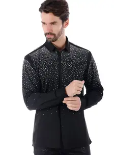 Men's Rhinestone Jewel Long Sleeve Shirt Black/Silver