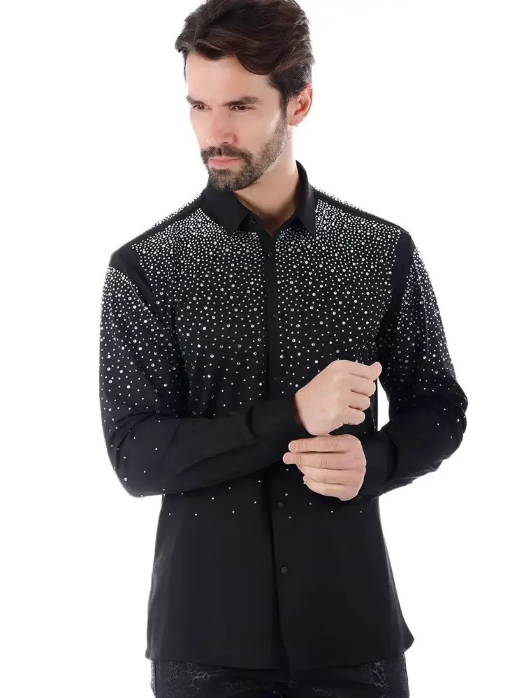 Men's Rhinestone Jewel Long Sleeve Shirt Black/Silver