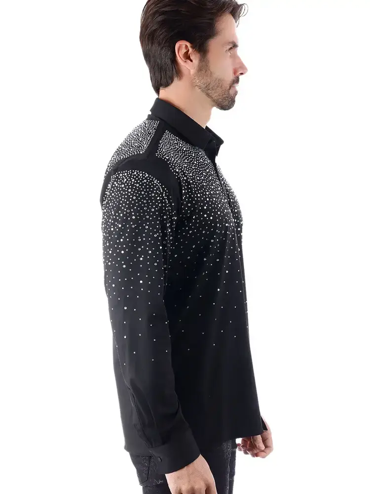 Men's Rhinestone Jewel Long Sleeve Shirt Black/Silver