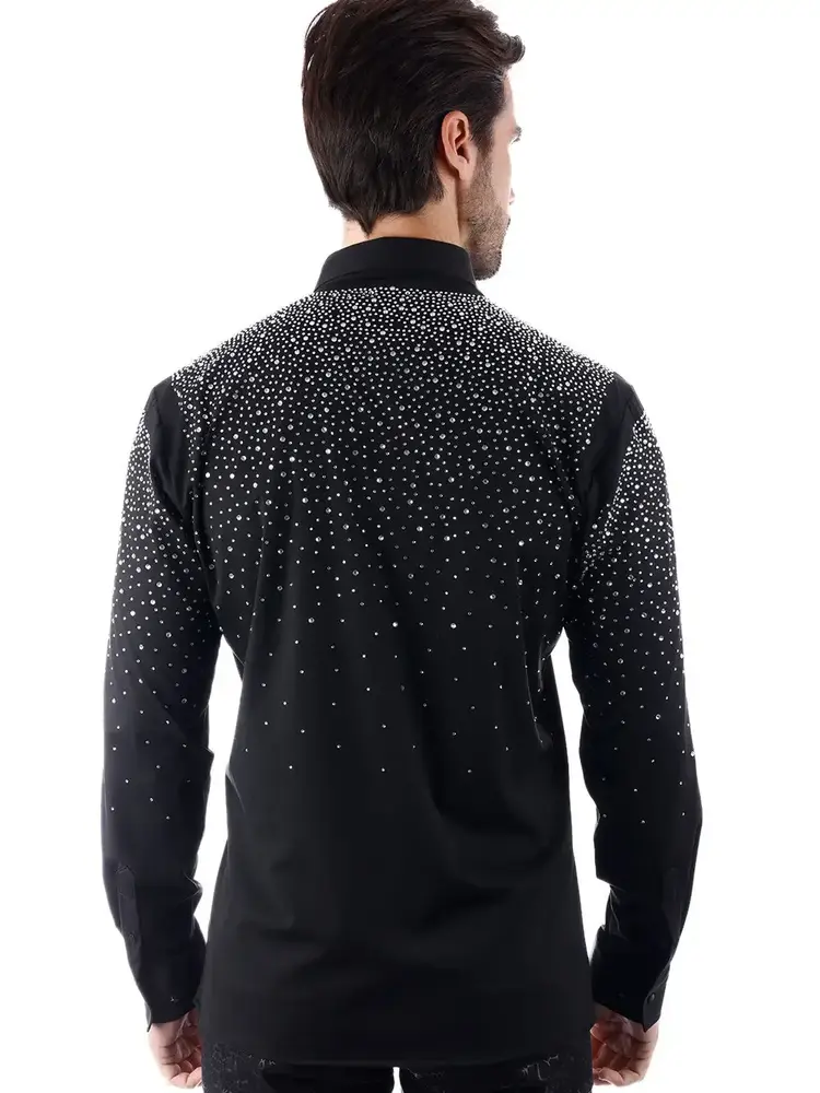 Men's Rhinestone Jewel Long Sleeve Shirt Black/Silver