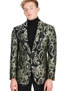 Men's Paisley Shawl Lapel Luxury Blazer Black /Gold