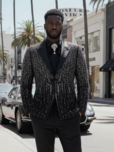 Men's Rhinestone Design Peak Lapel Blazer Black/Silver