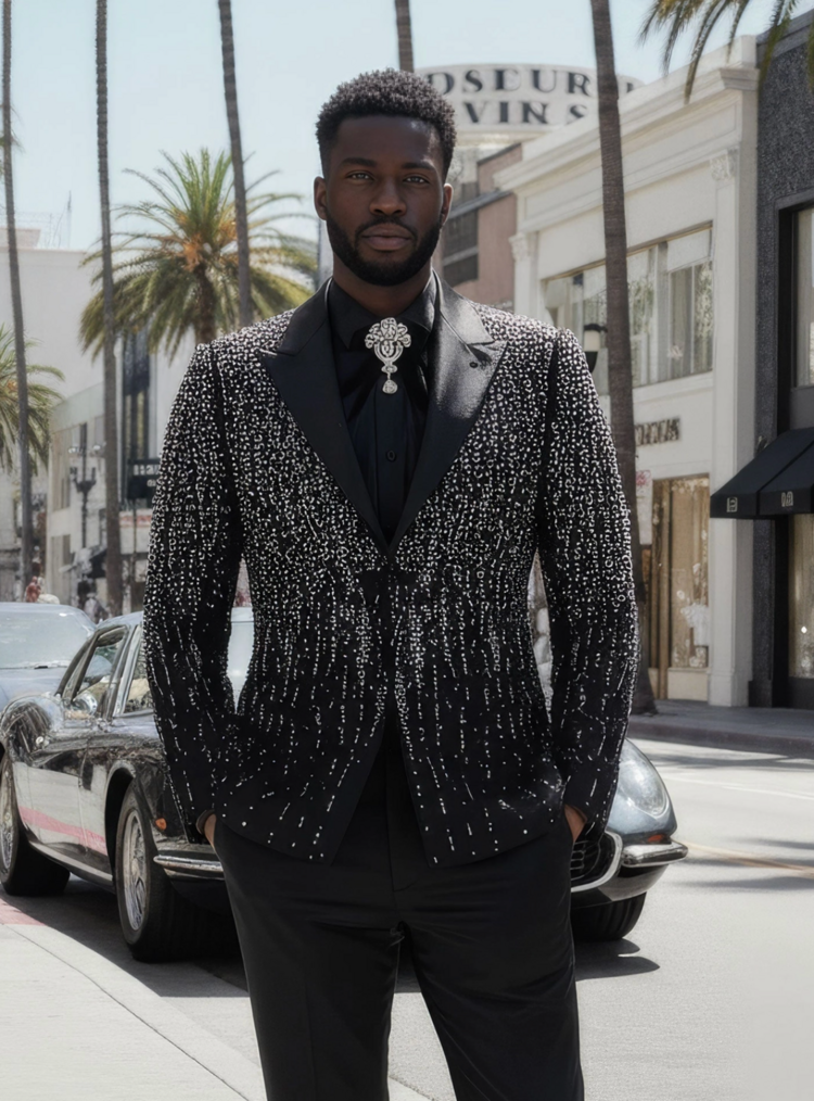 Men's Rhinestone Design Peak Lapel Blazer Black/Silver