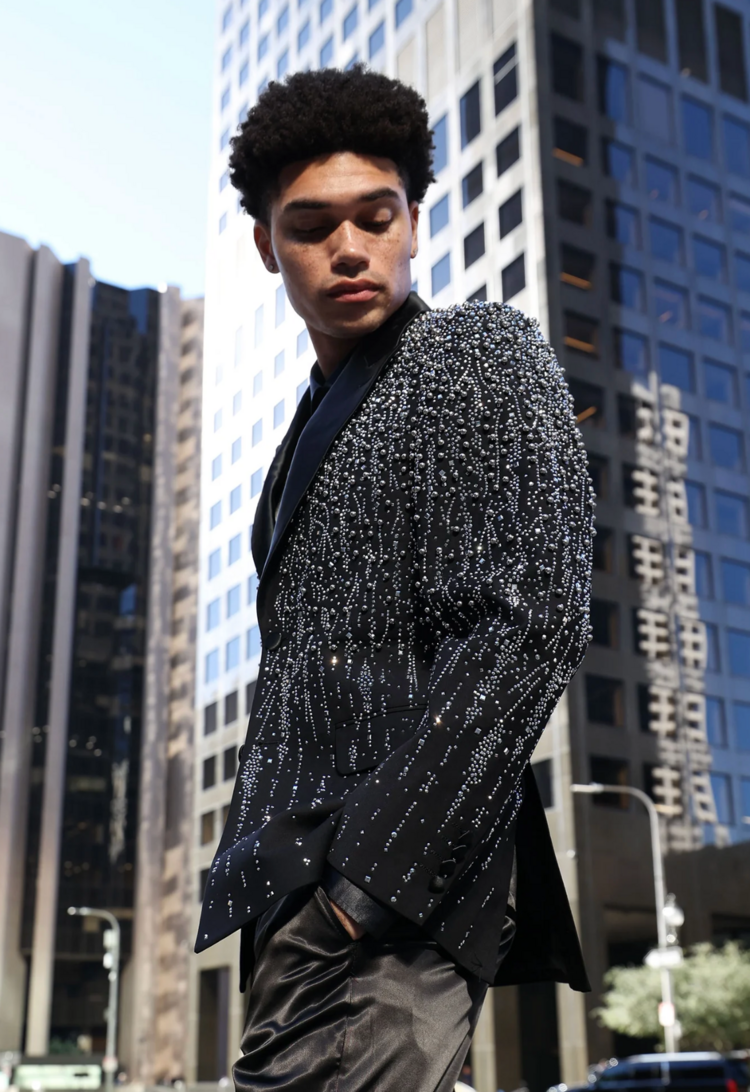 Men's Rhinestone Design Peak Lapel Blazer Black/Silver