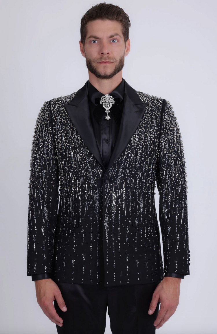 Men's Rhinestone Design Peak Lapel Blazer Black/Silver