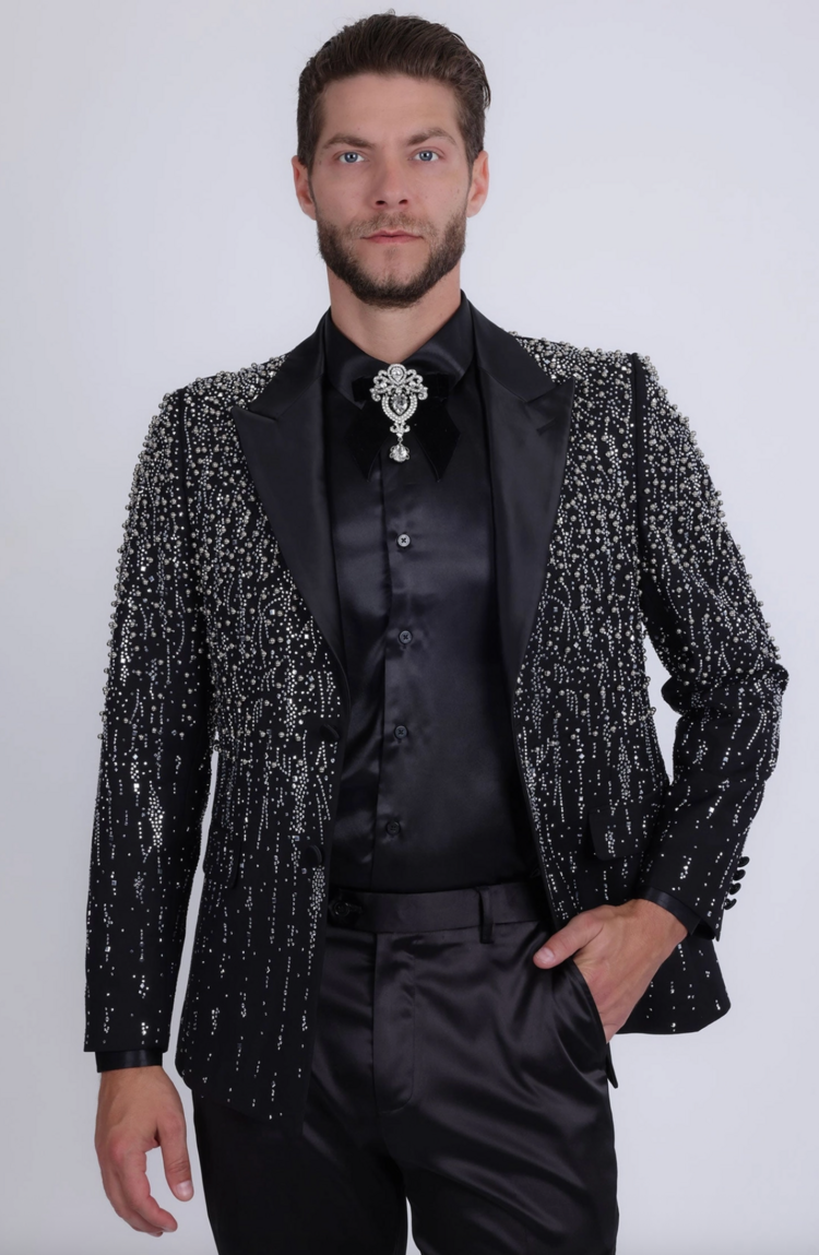 Men's Rhinestone Design Peak Lapel Blazer Black/Silver