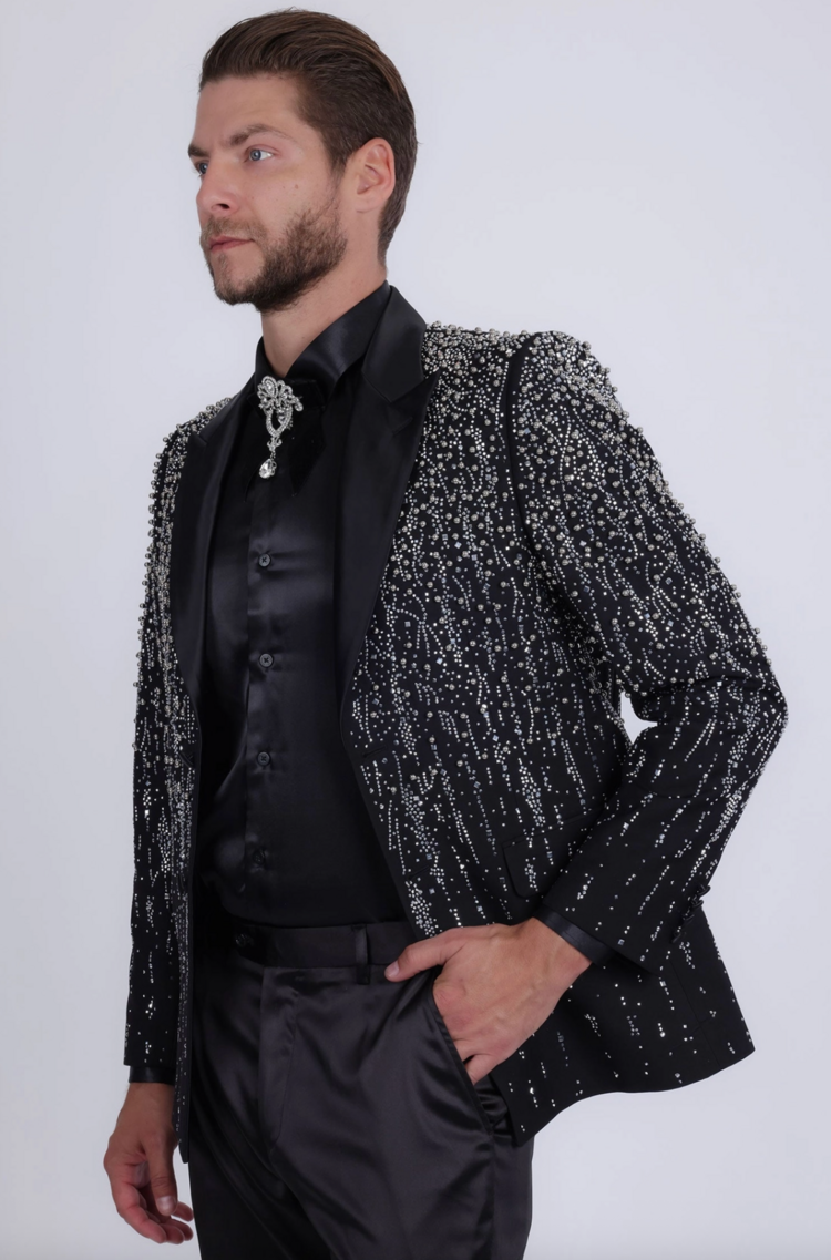 Men's Rhinestone Design Peak Lapel Blazer Black/Silver