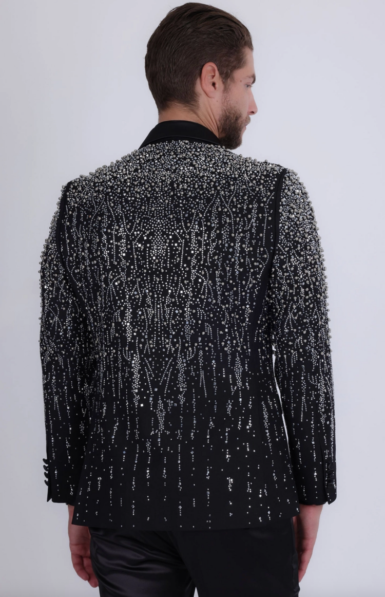 Men's Rhinestone Design Peak Lapel Blazer Black/Silver