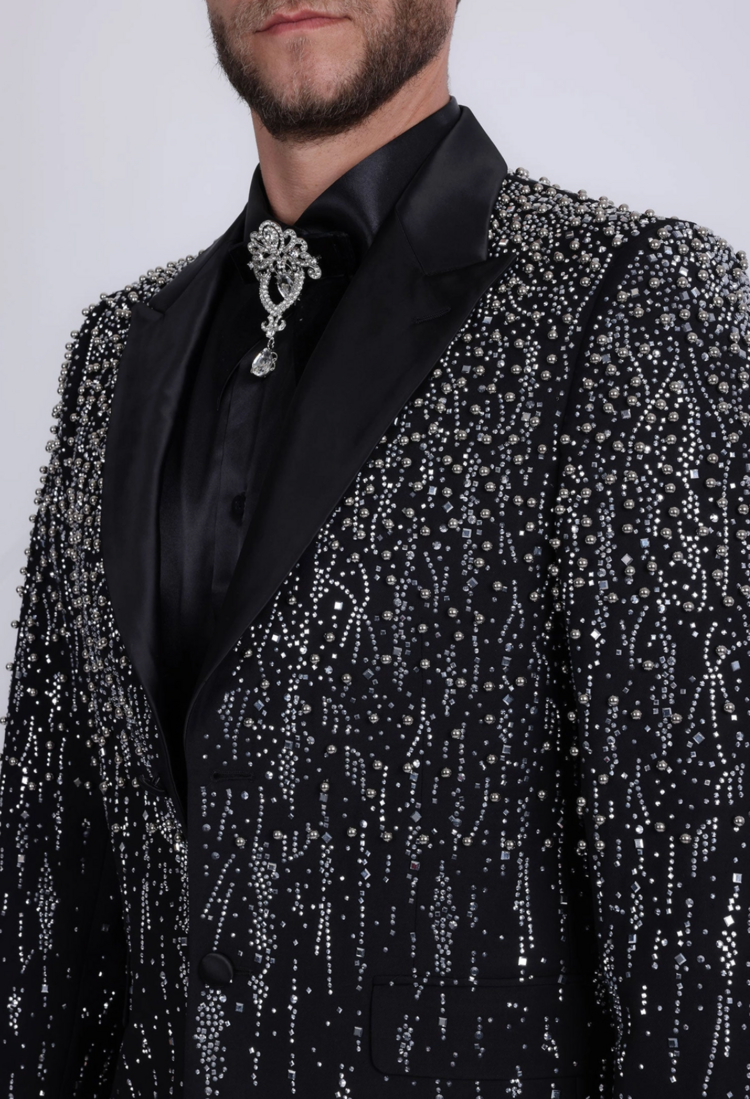 Men's Rhinestone Design Peak Lapel Blazer Black/Silver