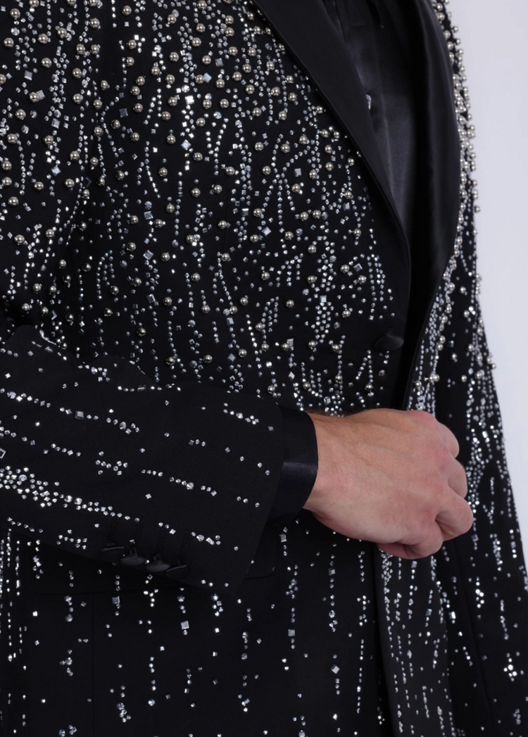 Men's Rhinestone Design Peak Lapel Blazer Black/Silver