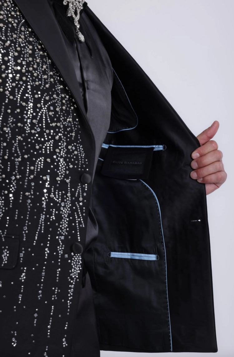 Men's Rhinestone Design Peak Lapel Blazer Black/Silver