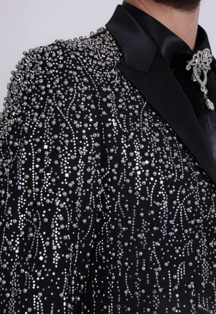 Men's Rhinestone Design Peak Lapel Blazer Black/Silver