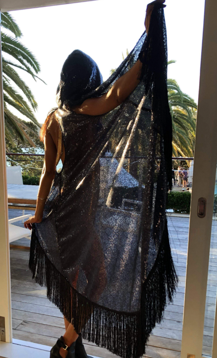 Long Sequin Fringe Vest Black/Black Fringe