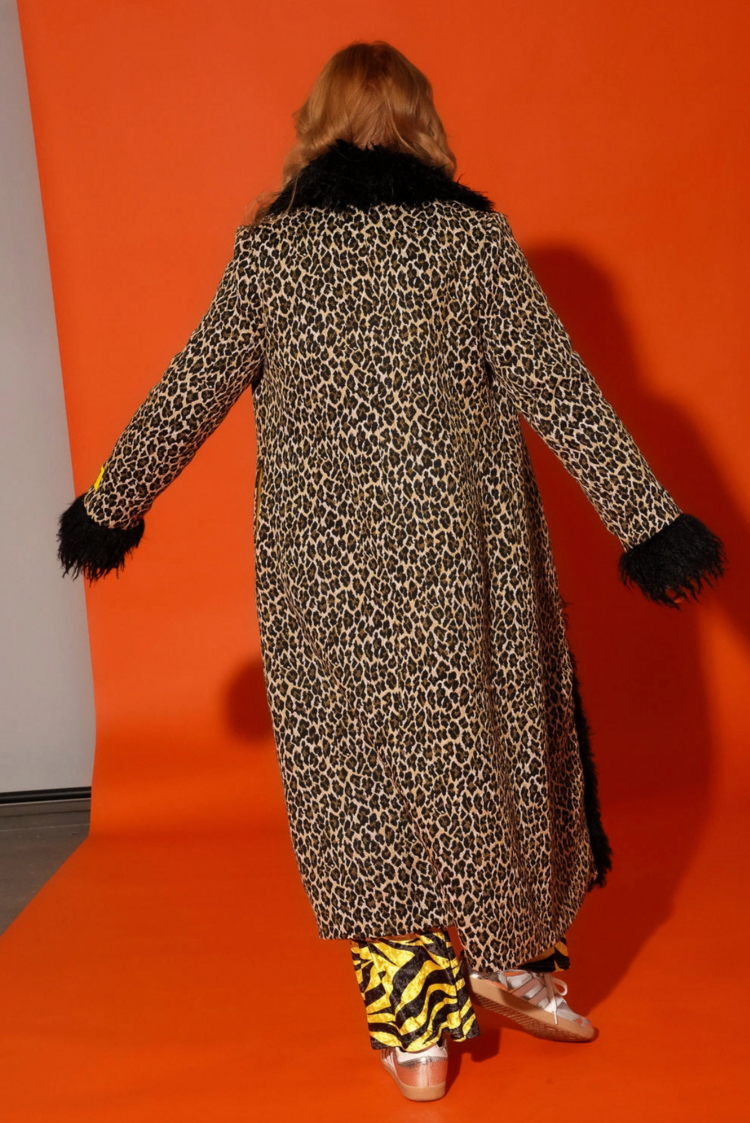 Leopard Print Faux Fur Trim Coat