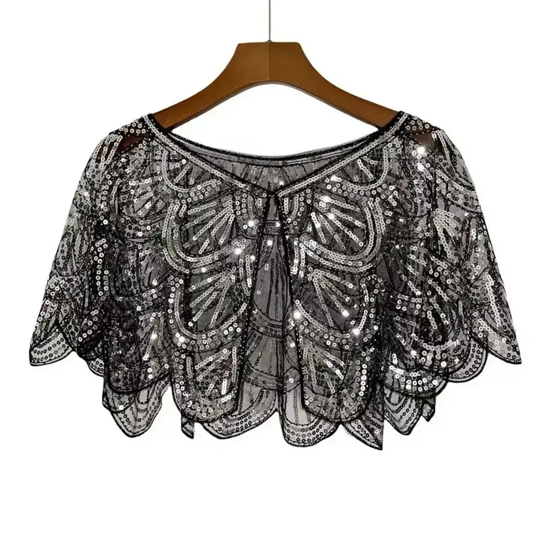 Sequin Beaded Lace Shawl Bolero and Silver