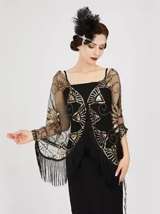 Beaded Sequin Vintage Shawl Black and Gold